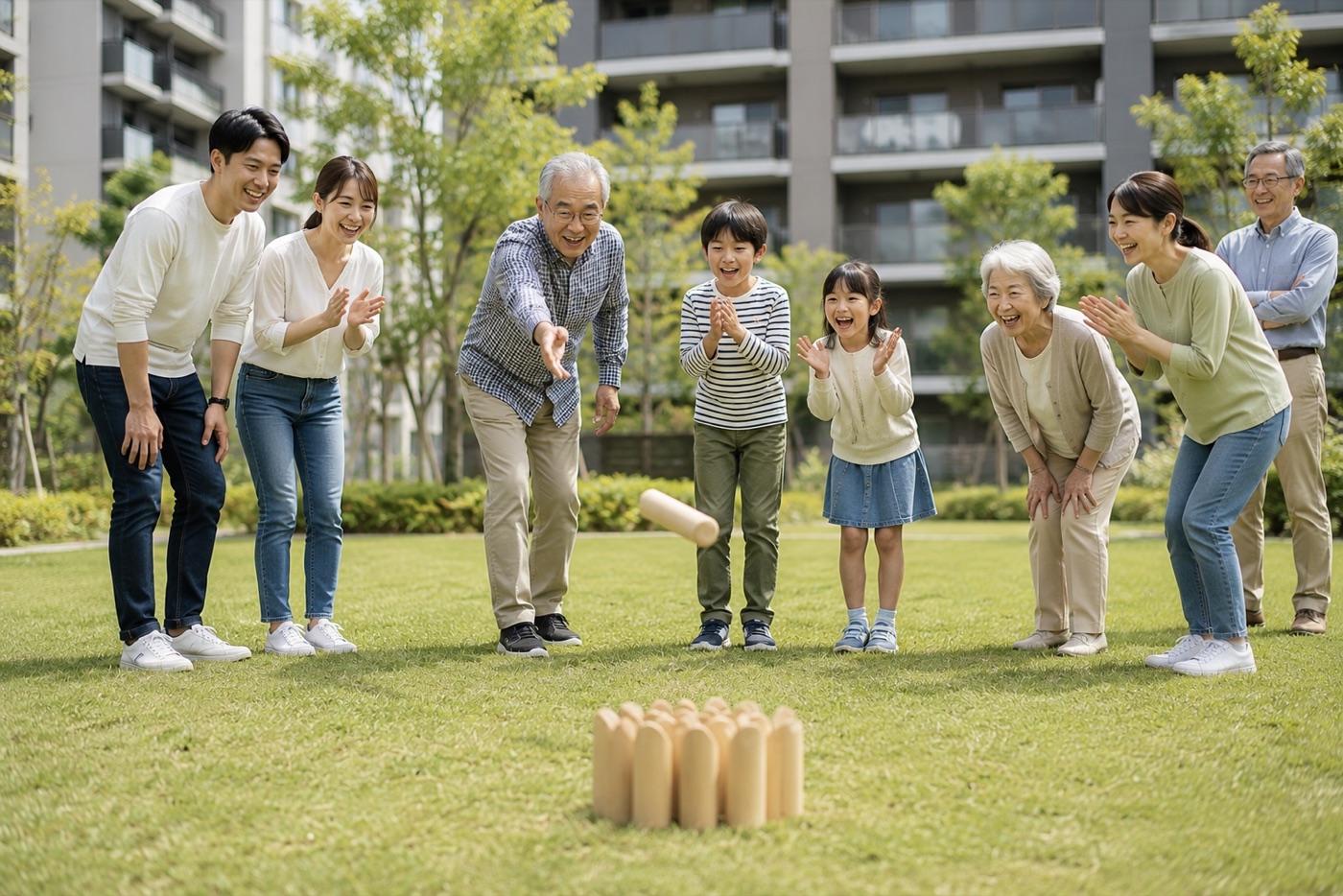 子どもから高齢の方まで一緒にモルックを楽しむ様子