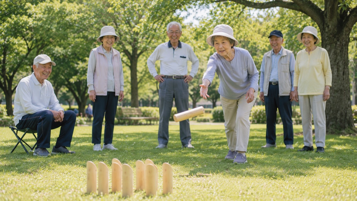公園でモルックを楽しむシニアの皆さん
